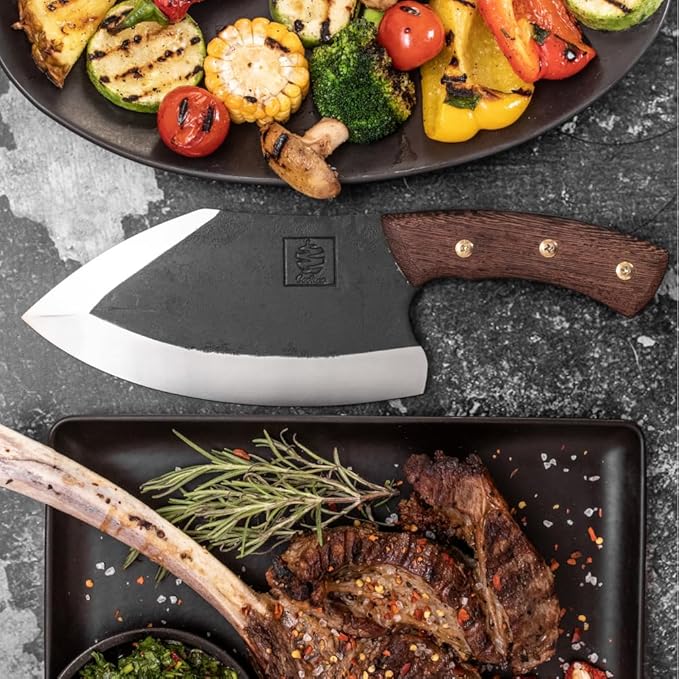 COOLINA Knife Set – Lixy, Tungsten & Promaja Knives Bundle – 3-Piece Hand-Forged Carbon Steel Kitchen & BBQ Knives – Full Tang Butcher, Chef & Cleaver with Wooden Handles