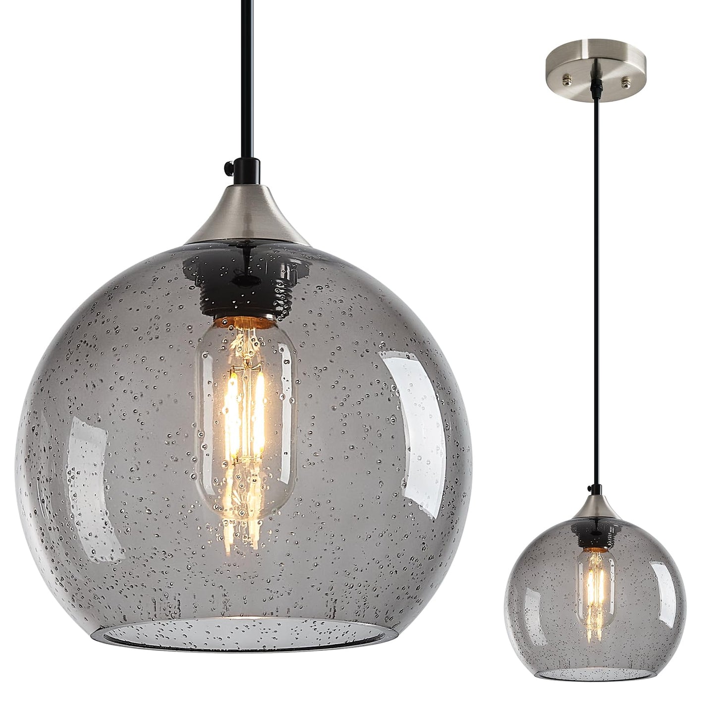 Lbsqj Light Grey Glass Pendant Lights Kitchen Island Lighting Globe Pendant Light Fixtures Modern Pendant Lighting For Bedroom Living Dining Room Light Fixture (7.87 In  1 Pack)
