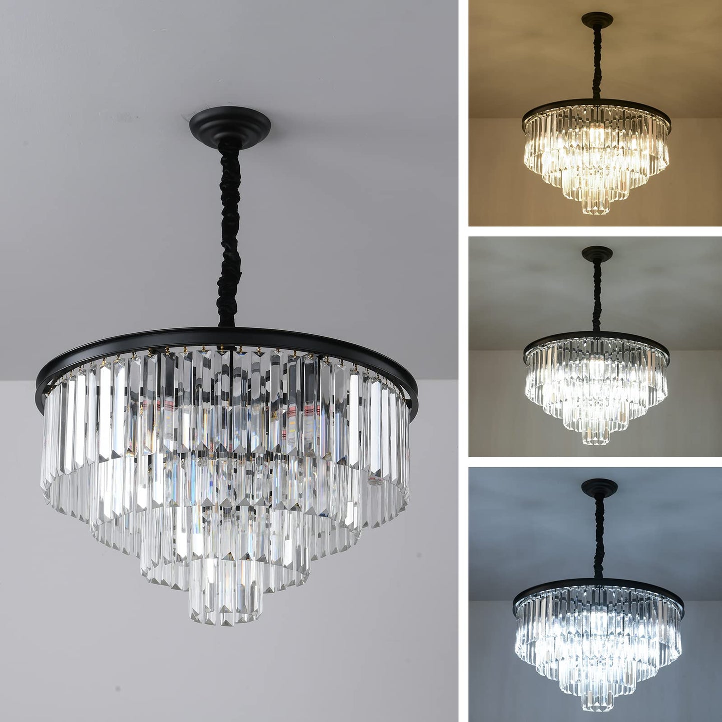 Laiuetai Black Modern Crystal Chandelier  4-Tier Round Flush Mount Ceiling Light Fixtures Height Adjustable Pendant Lighting For Dining Room Living Room Bedroom Kitchen Hotel Foyer
