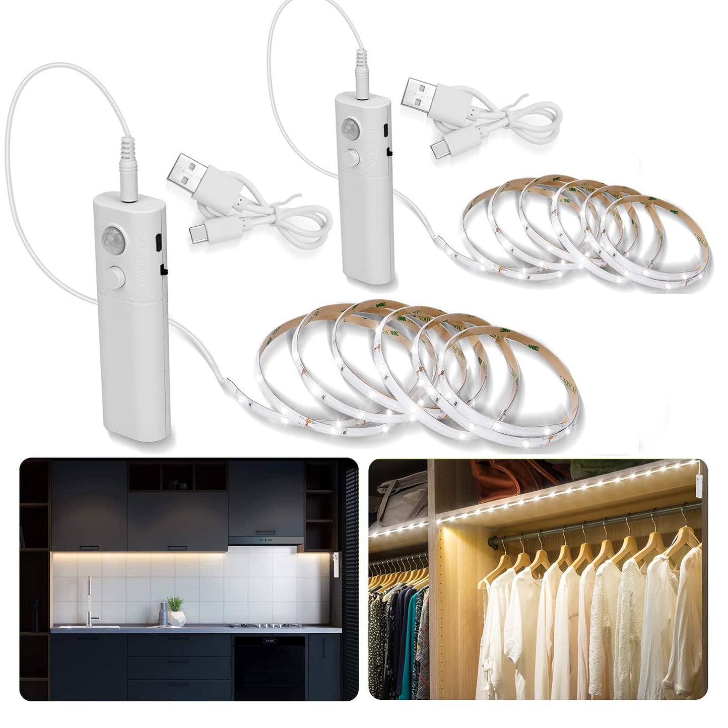 LUXJET 2pack Rechargeable LED Strip Lights, Cool White, Motion Sensor, Plastic, Under Cabinet Lighting