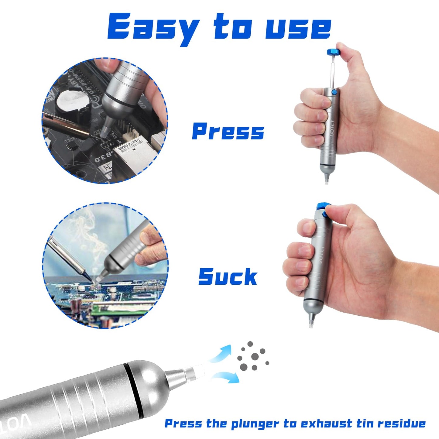 VOTCT Solder Sucker No Clog Desoldering Pump for Solder Removing with Replaceable Heat Resistan Silicone Sucking Nozzle, Desoldering Tool Sodering Pump Strong Vacuum Aluminum Suction Remover
