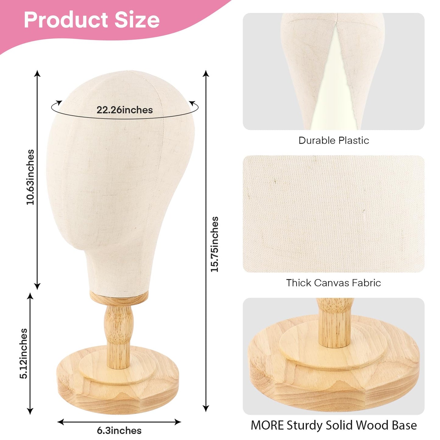 Beauty Star Wig Stand, 22inch Mannequin Head for Wigs with Detachable Strong Wood Base, Canvas Block Wig Head Holder Rack Ideal