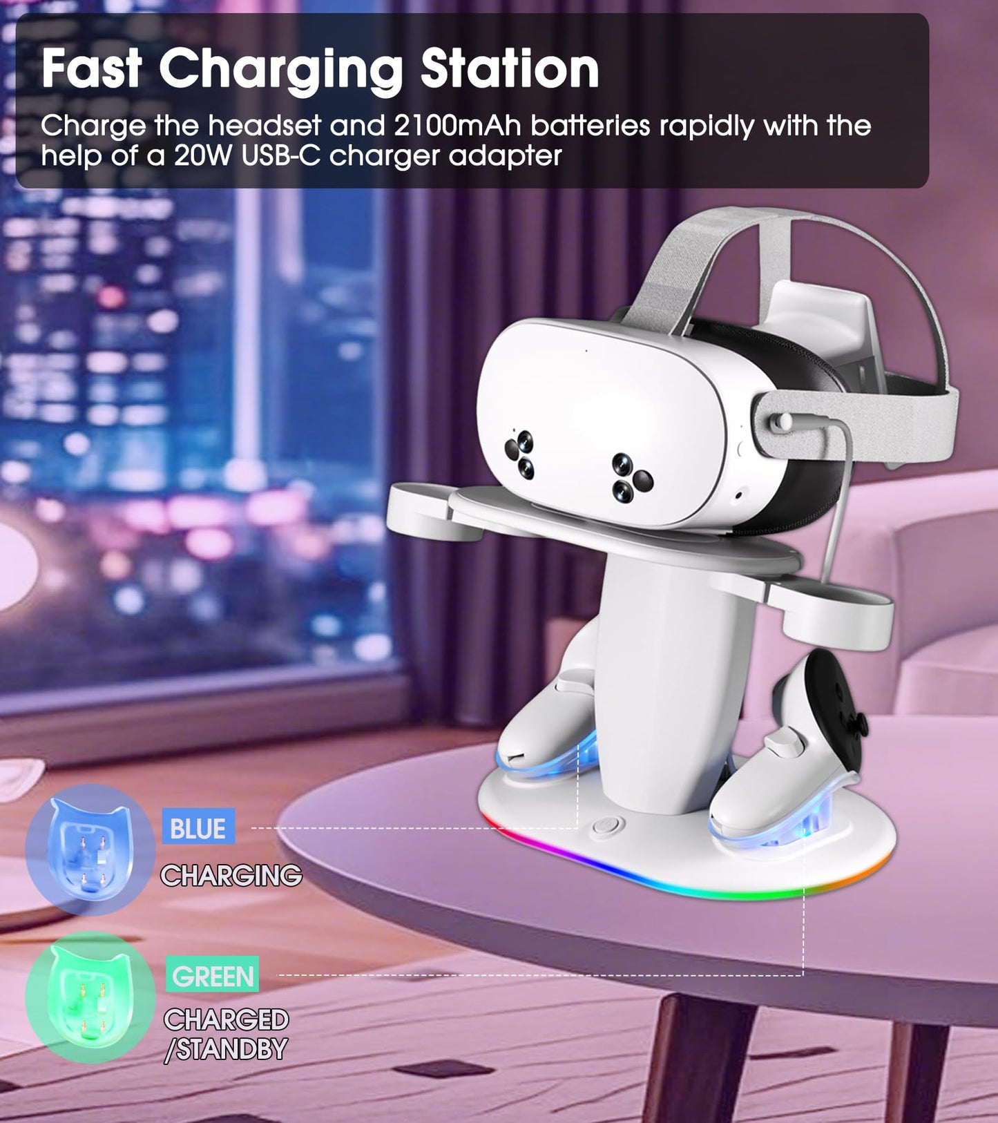 Charging Dock for Meta Quest 2/3/3S,VR Headset Charging Dock and Controllers with RGB Light, USB-C Charger and Cable, Fast Charging Station
