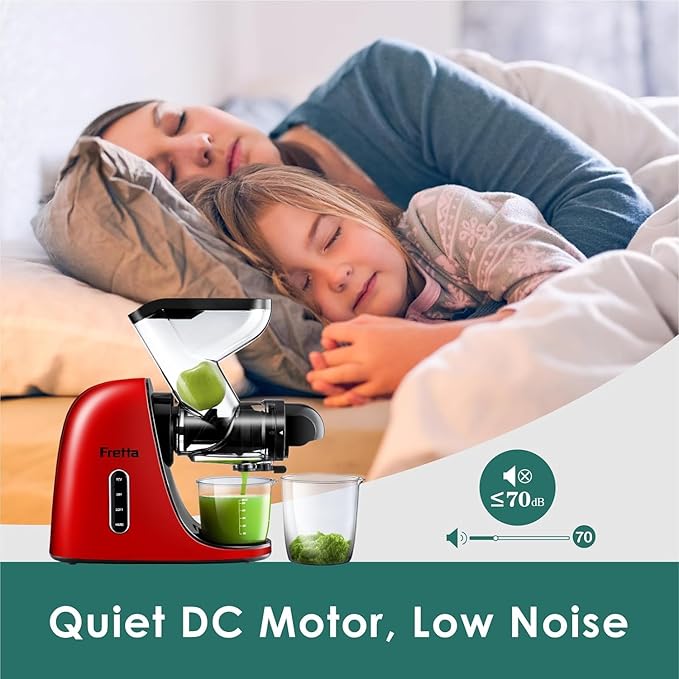 Cold Press Juicer Machines, Fretta Slow Masticating Juicer, BPA-Free Juicers, Extractor de Jugos y Vegetales, 3-inch Large Feed Chute Juice Maker, Quite DC Motor, 200W,Perfect for Christmas gifts(Red)