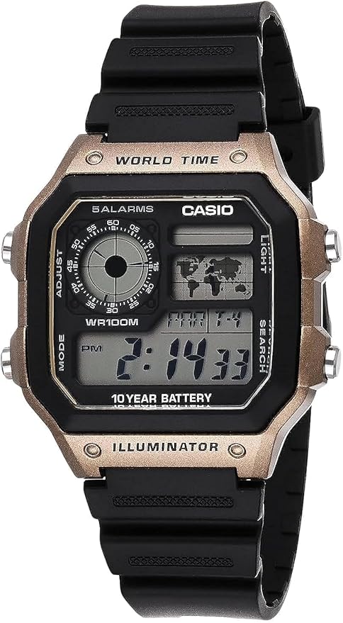 Casio AE1200WH Series | Men’s Digital Watch | 100M WR | Multi Alarms | 100 SEC Stopwatch | Countdown Timer | World Map for...