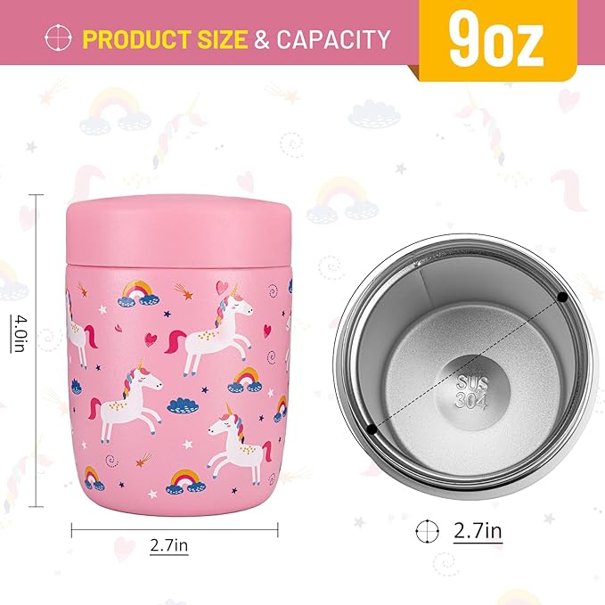 Charcy 9oz Stainless Steel Vacuum Insulated Kids Food Jar - Soup Thermo for Hot & Cold Food - Pink Unicorn W