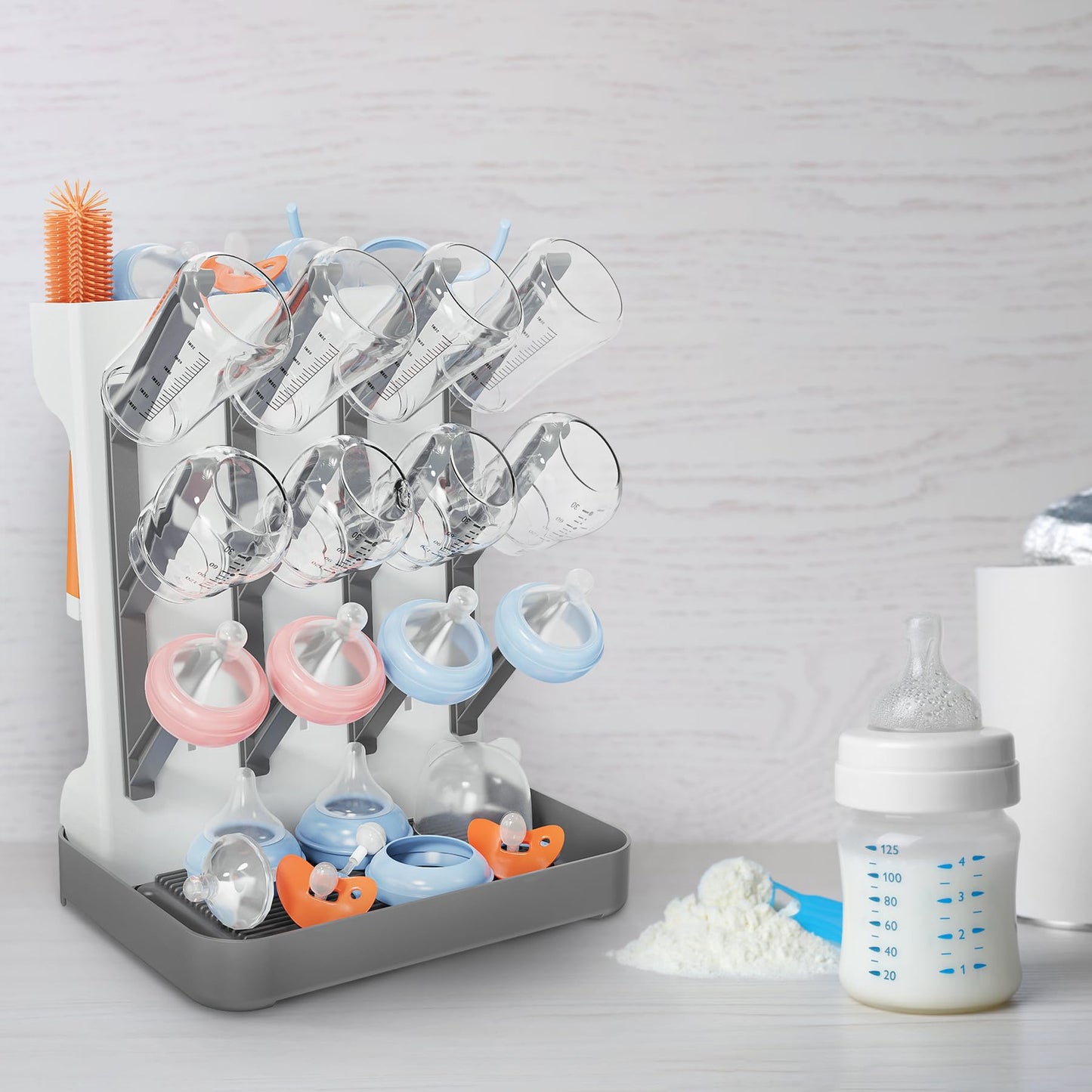 Baby Bottle Drying Rack, Vertical Bottle Dryer Holder Space Saving Standing Bottle Drying Rack for Countertop Kitchen Organize Bottles & Baby Accessories Brushes Pacifiers and Pump Part (Grey)