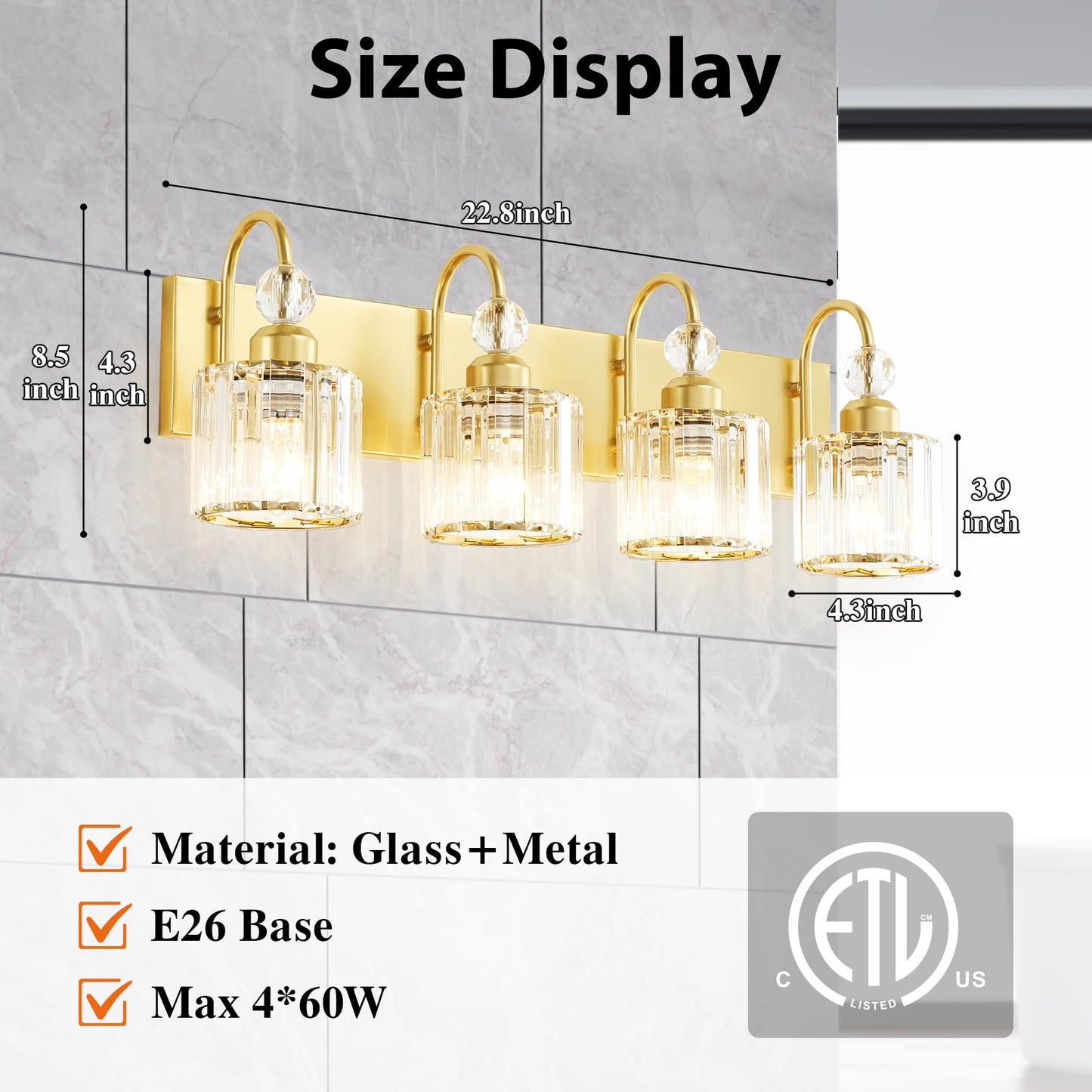 Diamondforge Bathroom Vanity Light Fixtures Over Mirror - Makeup Lighting Pure Gold - For Modern Wall  Bath  Desk  Farmhouse  Hallway - 4 Crystal Lights