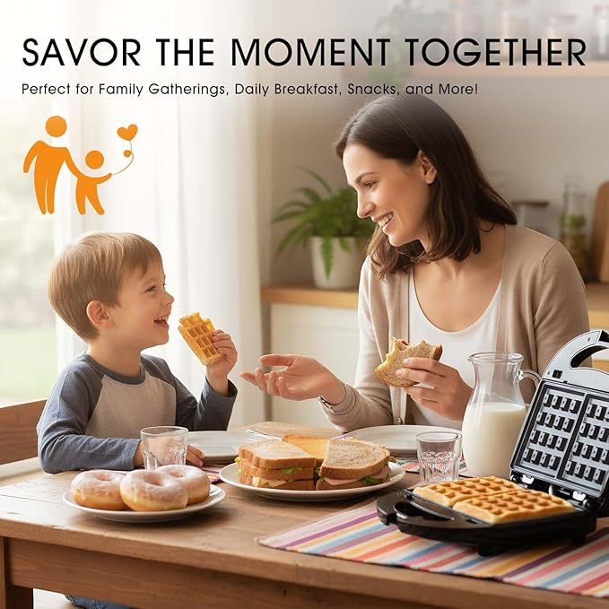3-in-1 Mini Waffle Maker with Non-Stick Plates, Electric Sandwich Maker, Mini Donut Maker, Breakfast Sandwich Maker Press with Removable Plates, Compact Design & Adjustable Temperature Knob