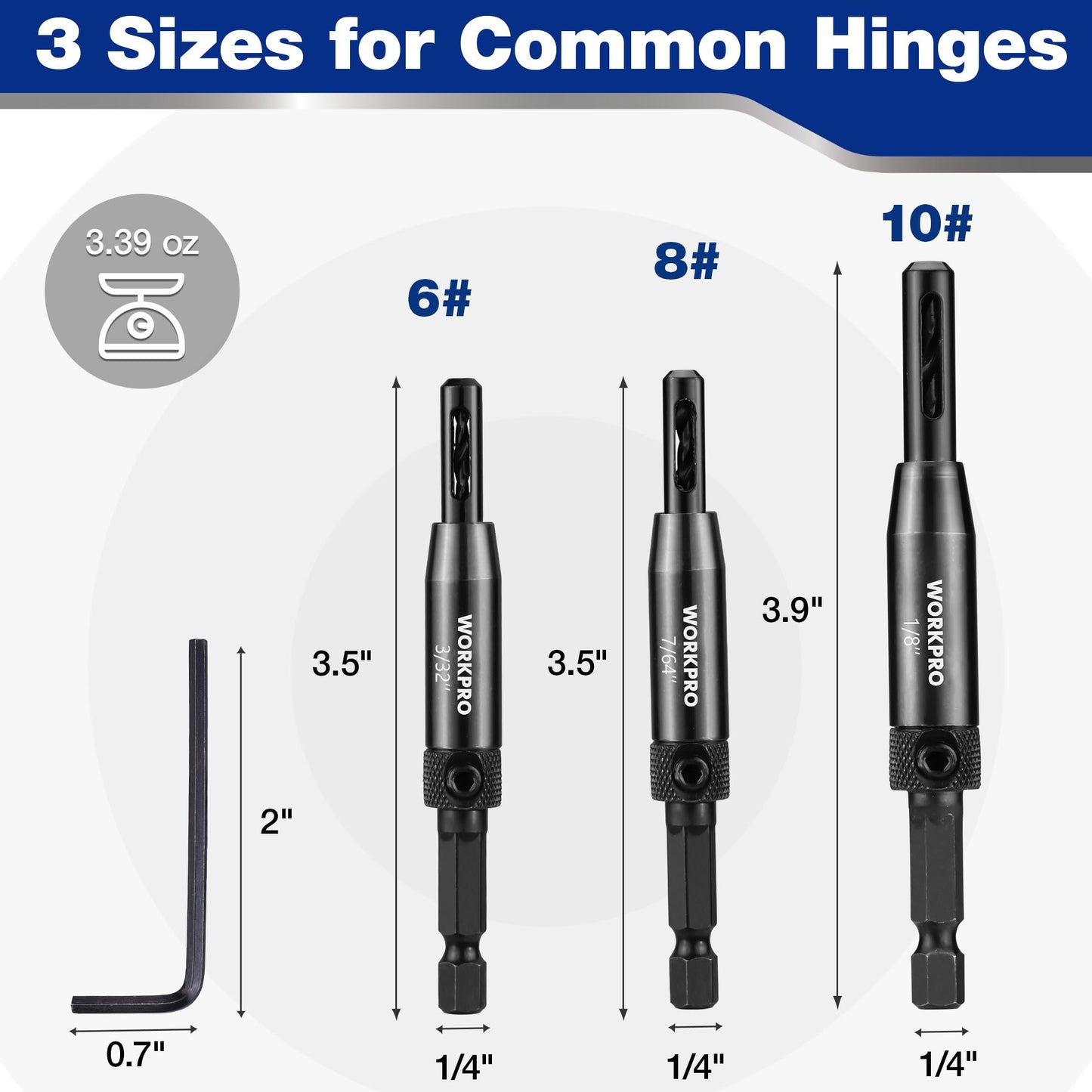 WORKPRO 3-Piece Self Centering Drill Bit Set, Durable HSS VIX Bit with Hex Key, 3/32”, 7/64”, 1/8” Center Drill Bits, 1/4 Inch Hex Shank for Precise Cabinet and Door Installation