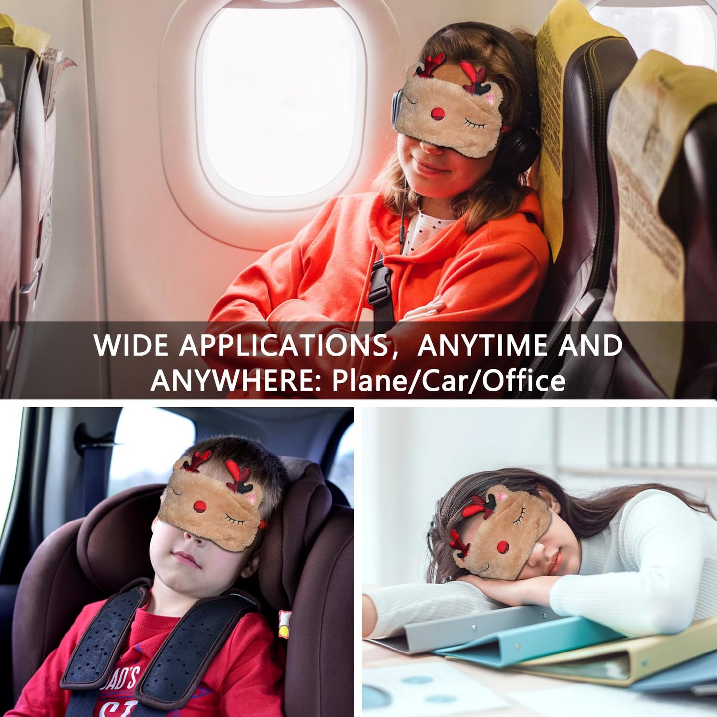 VHOPMORE Cute Animal Sleeping Mask Sleep Mask, Xmas Reindeer Soft Plush Eye Mask for Travel Nap Funny Rudolph Blindfold Eye Cover Eyeshade for Adult Kids Girls Teens Men Women - Reindeer, Red & Brown