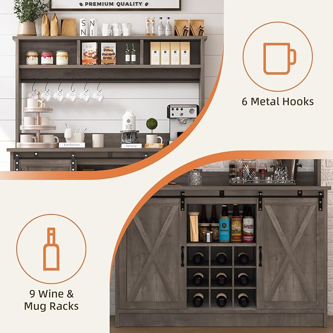 4ever2buy Farmhouse Coffee Bar Cabinet with 3 Storage Hutch, 47”Coffee Bar with Sliding Barn Doors, Hutch Cabinet with 6 Hooks & 9 Wine Racks for Dining Room, Kitchen, Wash Grey