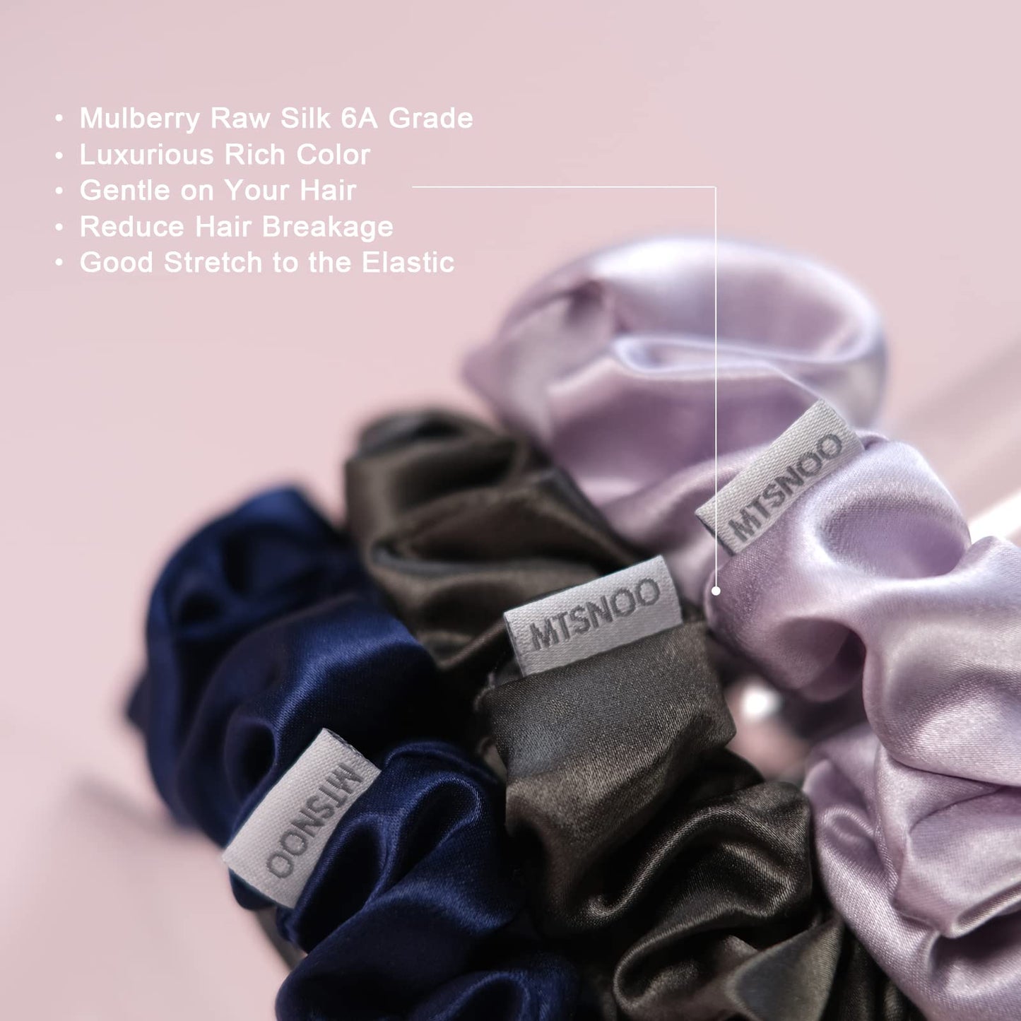 MTSNOO Silk Scrunchies, 3 Count, 100% Pure 22 Momme Mulberry, for Hair Sleep & Curly Hair with Elastic Band, Hair Ties Ropes Scr