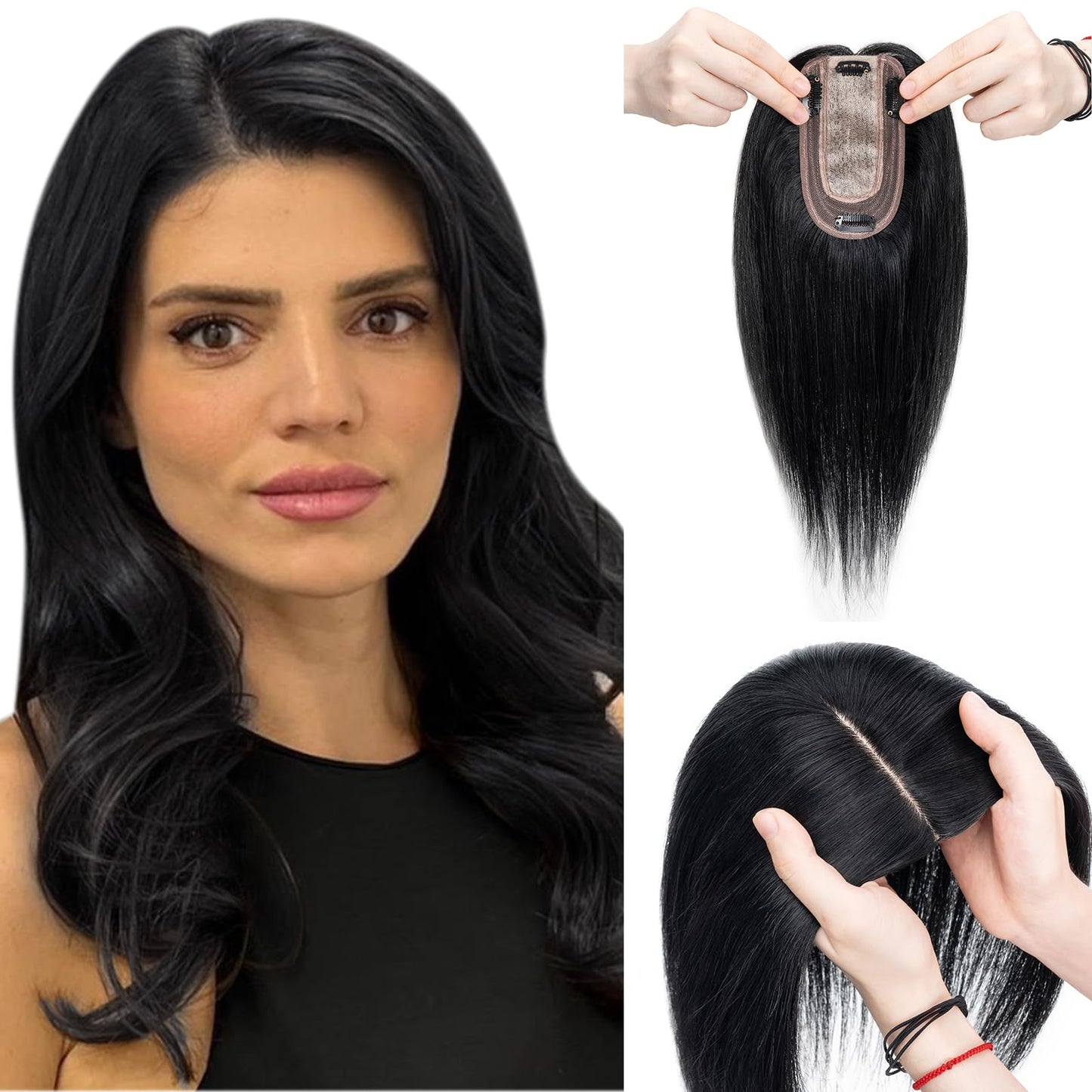 Elailite Hair Toppers for Women Real Human Hair Topper Thinning Thin 5.1x2.8 Silk Base Clip in Remy Hairpieces 8 Inch Jet Black