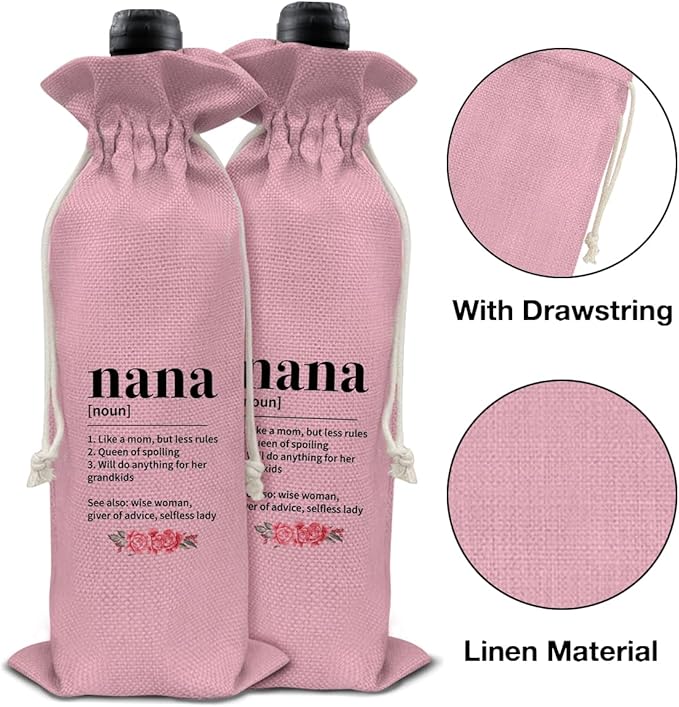 HOIJAUMAI Nana Gift From Grandson Granddaughter, Nana Gifts for Grandma Birthday Mother's Day, Grandma Wine Bag Nana Definition Wine Gift Bags (Pink)