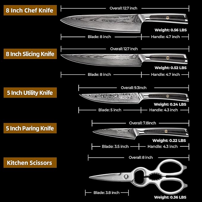 Sunnecko Damascus Kitchen Knife Set 5 Piece, Sharp Chef Knife Set with Kitchen Scissors, Professional Kitchen Knives Sets Full Tang with Gift Box