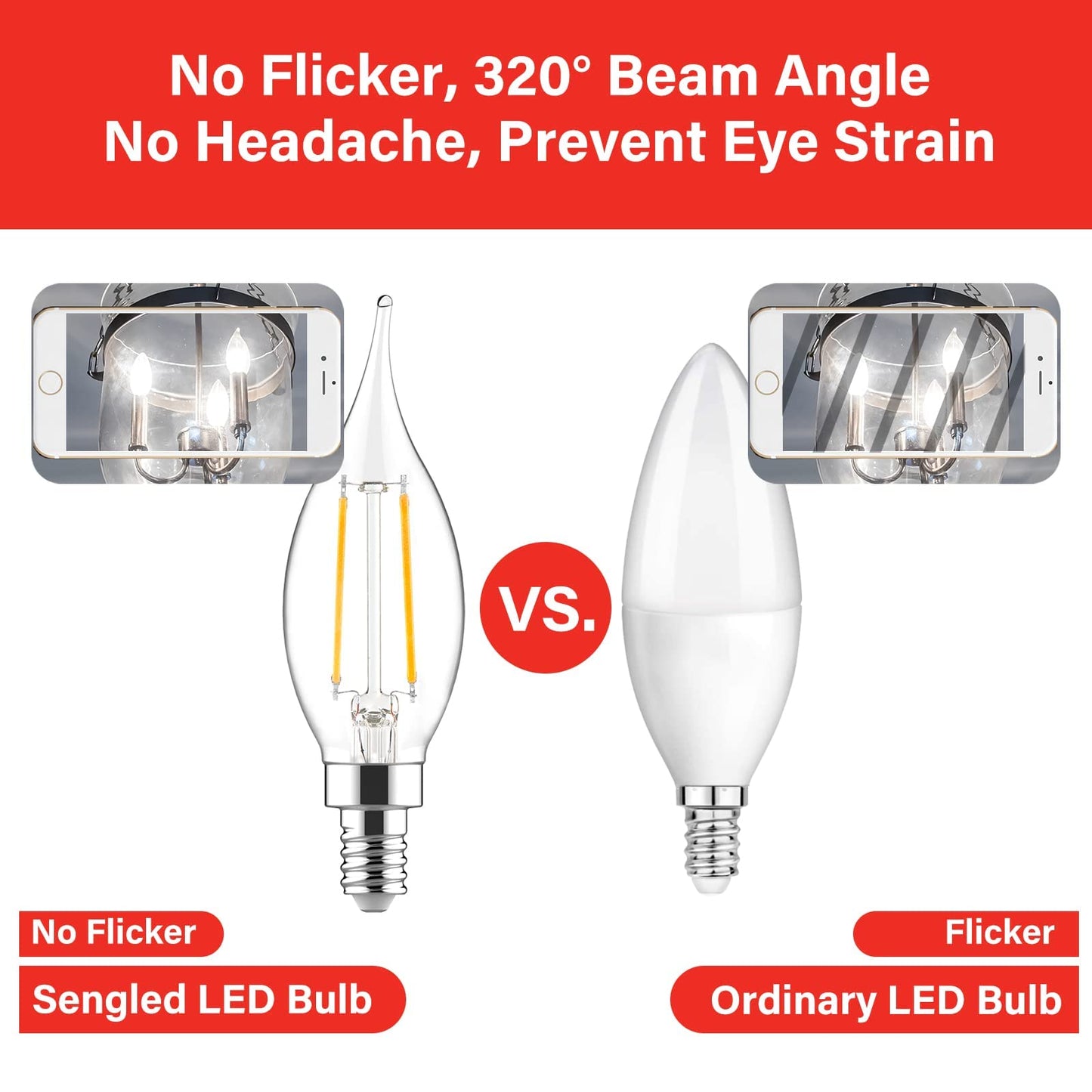 Sengled E12 Dimmable Led Bulbs, 60W Equivalent, 12 Pack, Ca10 Flame Tip, 5000K Daylight, Glass, Ideal For Chandeliers & Ceiling