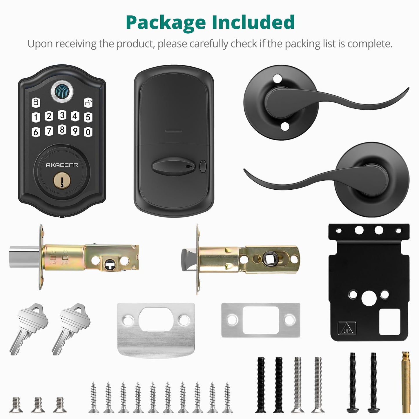 AkaGear DS10 Pro Keyless Entry Door Lock with Handle - 2 Lever Handles, Bluetooth APP Control, Fingerprint Door Locks, Electronic Keypad Deadbolt Lock, Smart Doors Lock, Auto-Lock, Matte Black