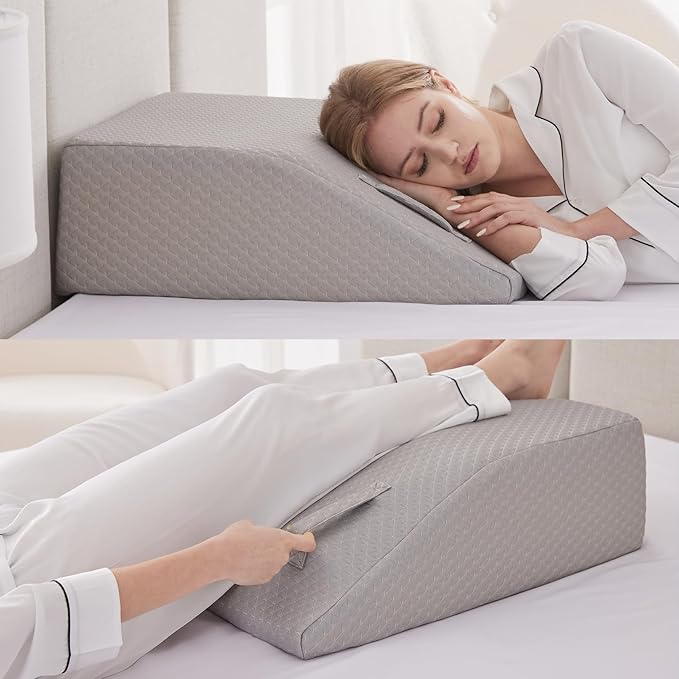 Leg Elevation Pillows for Sleeping, Memory Foam Wedge Pillow for Legs, Knee Wedge Pillow for After Surgery, Swelling, Back Pain and Circulation, Non-Slip Bottom, Removable Cover (8 Inch, Grey)