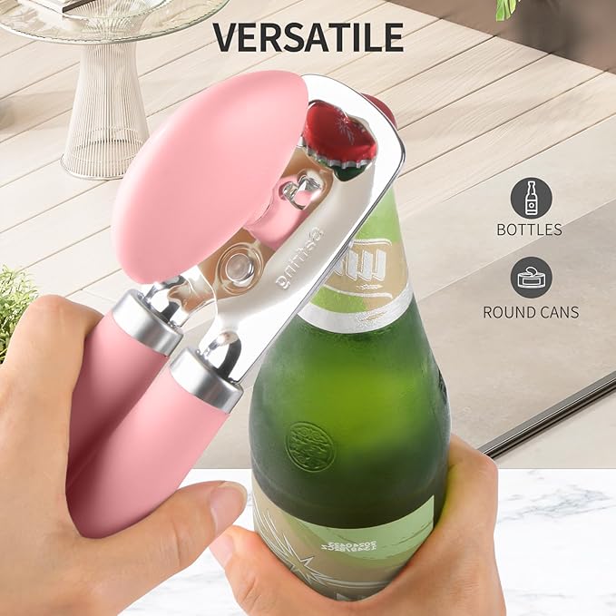 Can Opener Manual, Heavy Duty Stainless Steel Smooth Edge Can Opener With Soft Touch Handle, Oversized Handheld Easy Turn Knob, Multi-Function Bottle Opener, Pink