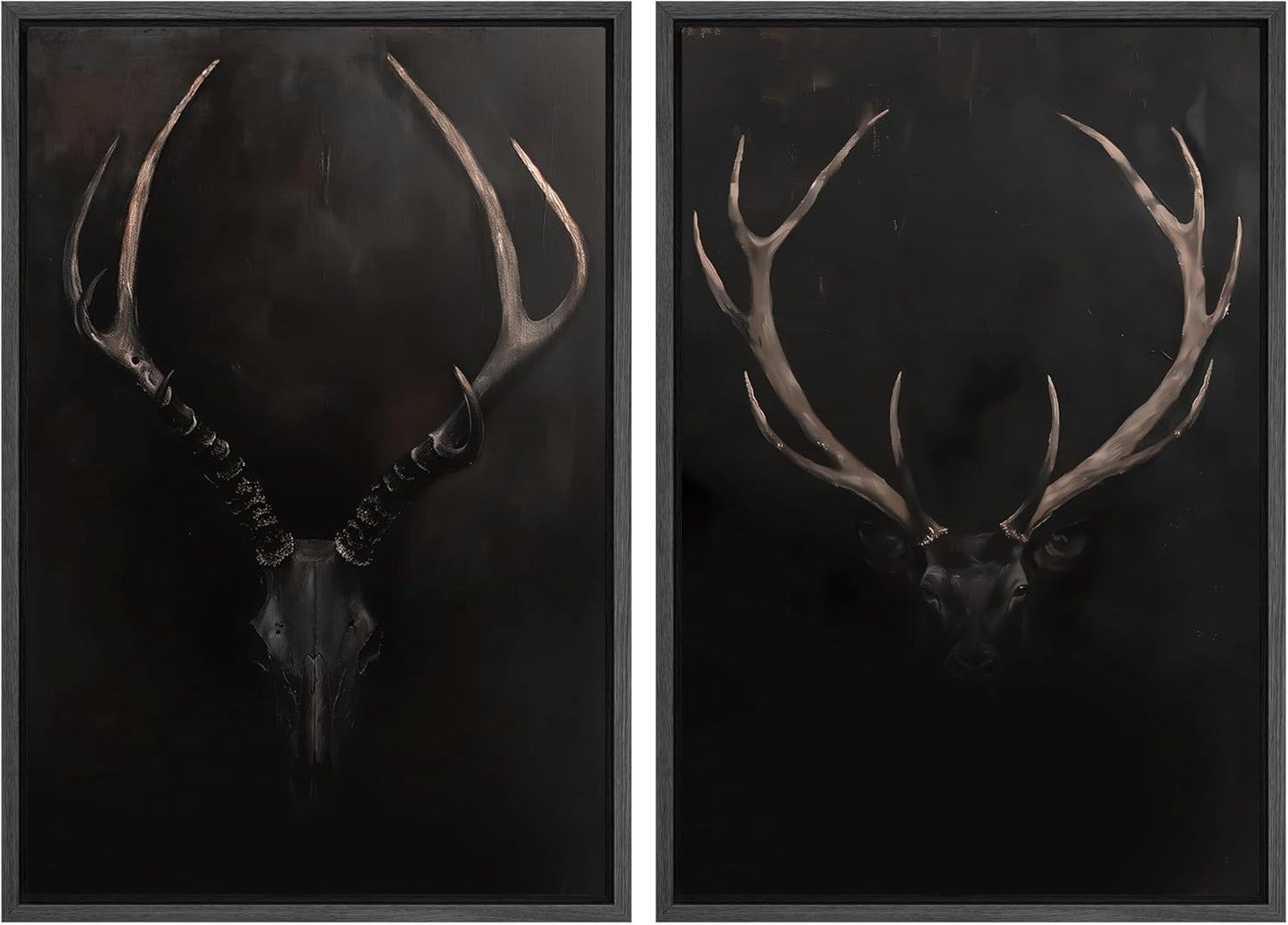 SIGNWIN Framed Canvas Print Wall Art Rustic Antler Skull Dark Dramatic Black Vintage-Inspired Deer and Elk Antlers Illustrations Decorative for Living Room, Bedroom, Office - 16"x24"x2 Black
