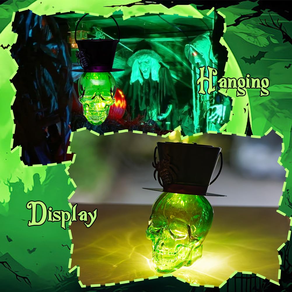 Halloween Skull Decor Hanging Solar Lanterns Lights Decorations Scary Glass Ornaments For Party Garden Porch Yard Patio Lawn (Green)