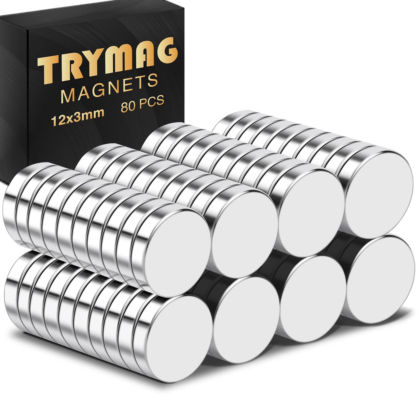 TRYMAG 80Pcs Neodymium Disc 12x3mm Small Strong Round Rare Earth Fridge Magnets for Crafts, Dry Erase Board, DIY, Whiteboard, Scientific Models, School