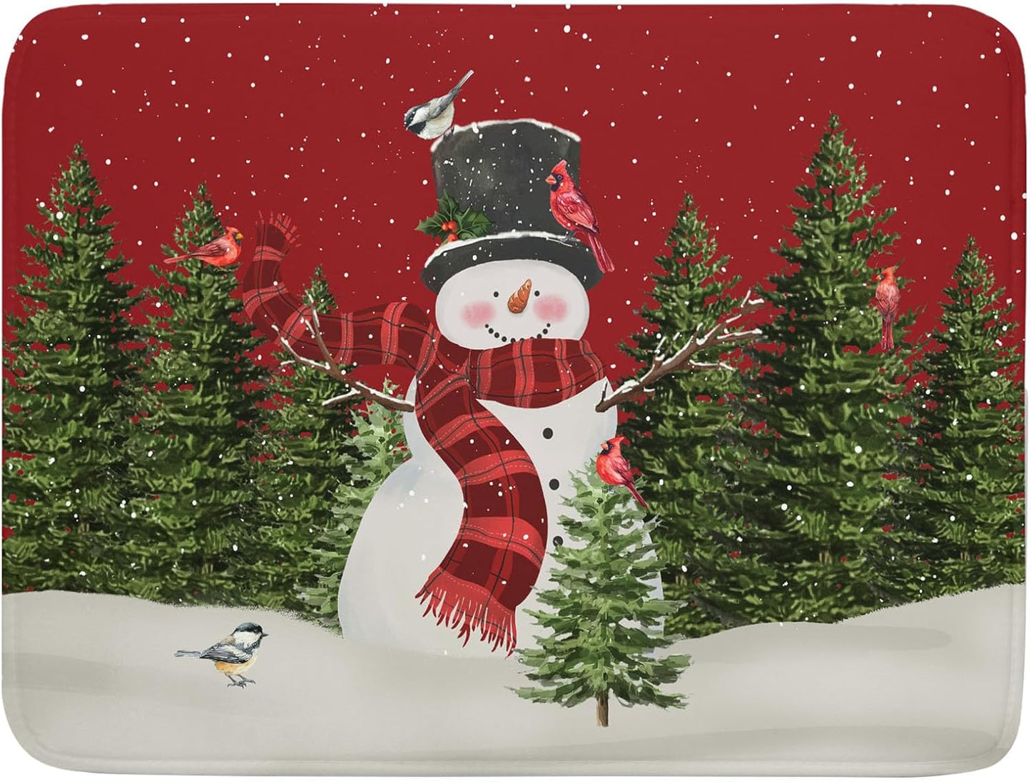 Christmas Dish Drying Mat for Kitchen Counter Red Xmas Snowman Trees Birds Drying Mat 18x24 Inch Winter Holiday Absorbent Dish Drainer Mat Christmas Kitchen Accessories