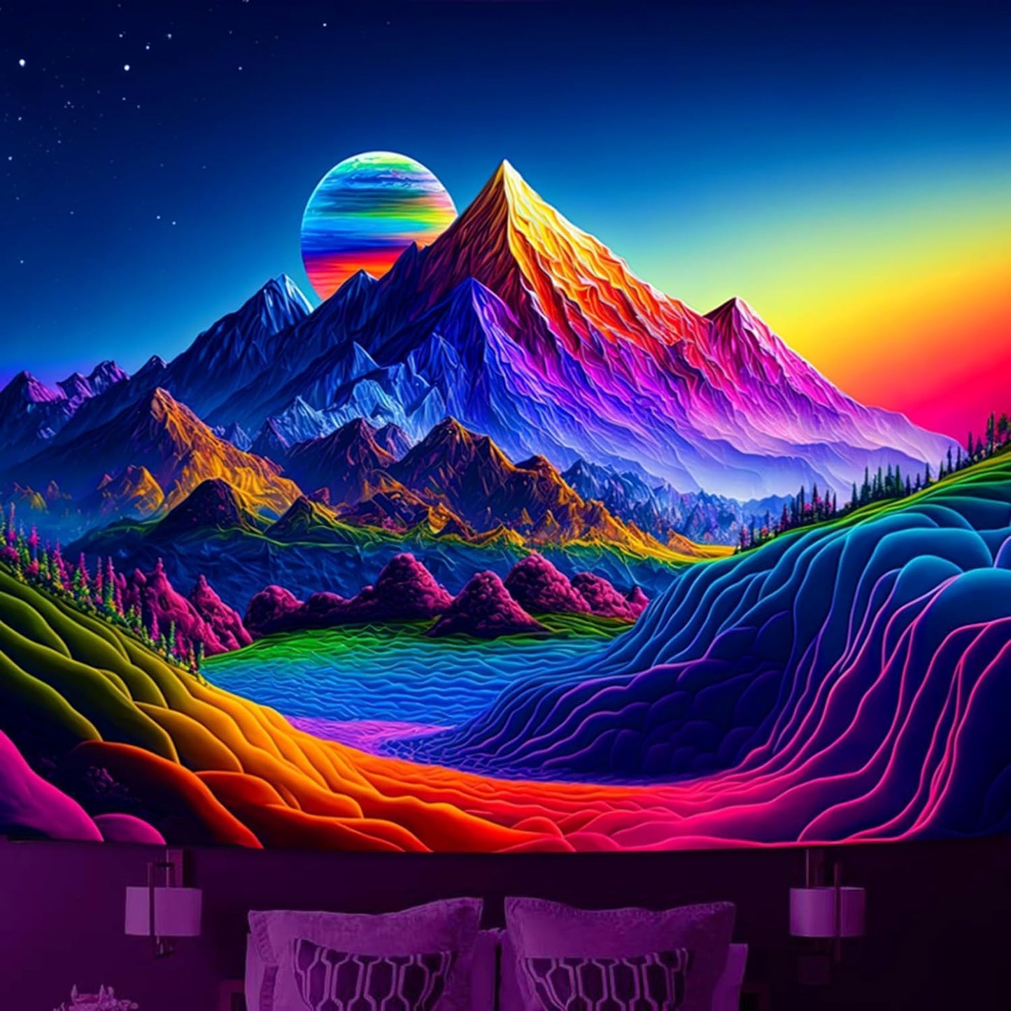 SparkLia Sunset Mountain Tapestry, Blacklight Colorful Forest Lake UV Reactive Tapestry, Neon Glow in the Dark Starry Stars Nature Landscape Wall Hanging Tapestries for Bedroom - 59.1" x 80"