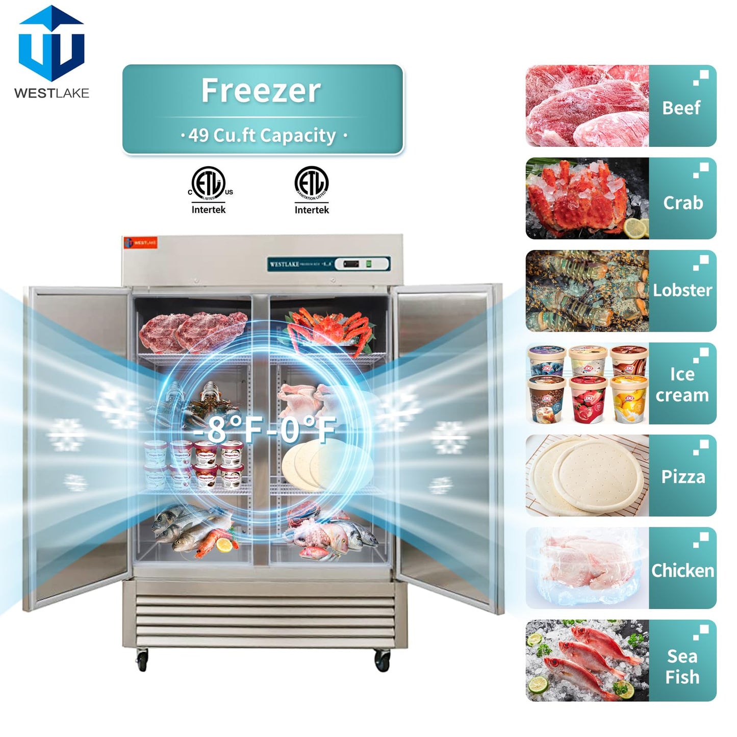 WESTLAKE 54"W Commercial Freezer 49 Cu.ft Stainless Steel Reach-in Solid Door Upright Fan Cooling 2 Door 2 Section Freezer for Restaurant, Bar, Shop, etc