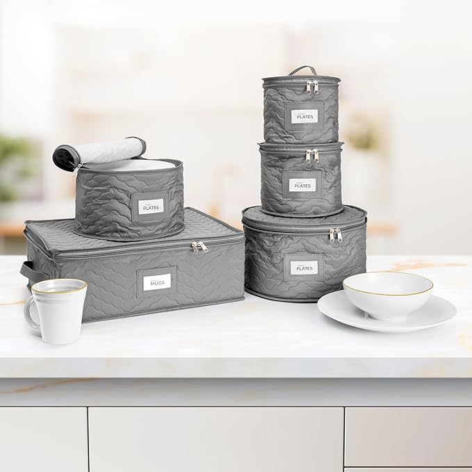 Sorbus China Storage Containers - 5 Pc Quilted Set for Moving & Transporting Dinnerware, Dishes, Round Plates, Glassware, Cups & Mugs with Felt Plate Protectors - Fine China Glass, Plate Storage Cases