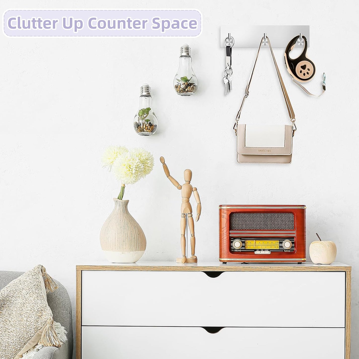 VIS'V Key Holder Wall Mount, Small Metal Self Adhesive Key Hanger with 3 Hooks, No Drilling, Extra Adhesive Strip, Silver