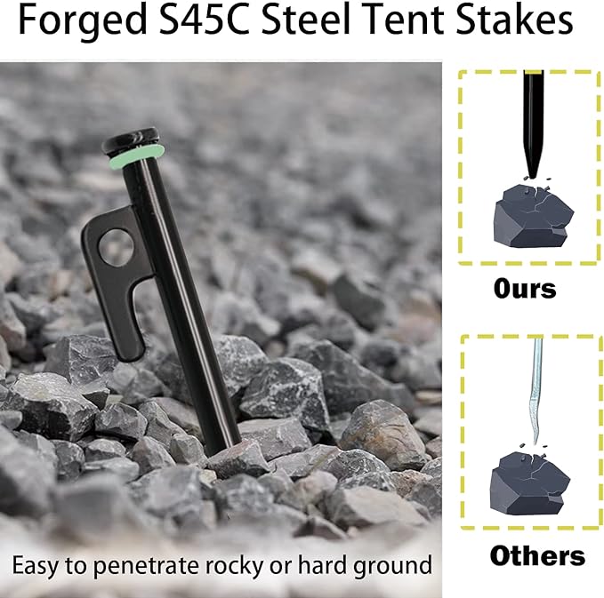 16 Pack Tent Stakes with Hammer,16in Heavy Duty Tent Stakes + 12in Tent Stakes Hammer+Storage Pouch, Forged Steel Tent Stakes for Camping Used on Rocks, Grassland(16Pcs 16in Tent Stakes+Hammer)