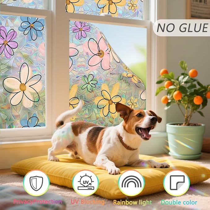 Daisy Flower Stained Glass Window Film Static Cling with Tools - 35.4 x 78.7 Inch Non-Adhesive Privacy Decorative Cute Rainbow Film for Windows, Doors, Sidelights - Easy Install & Remove