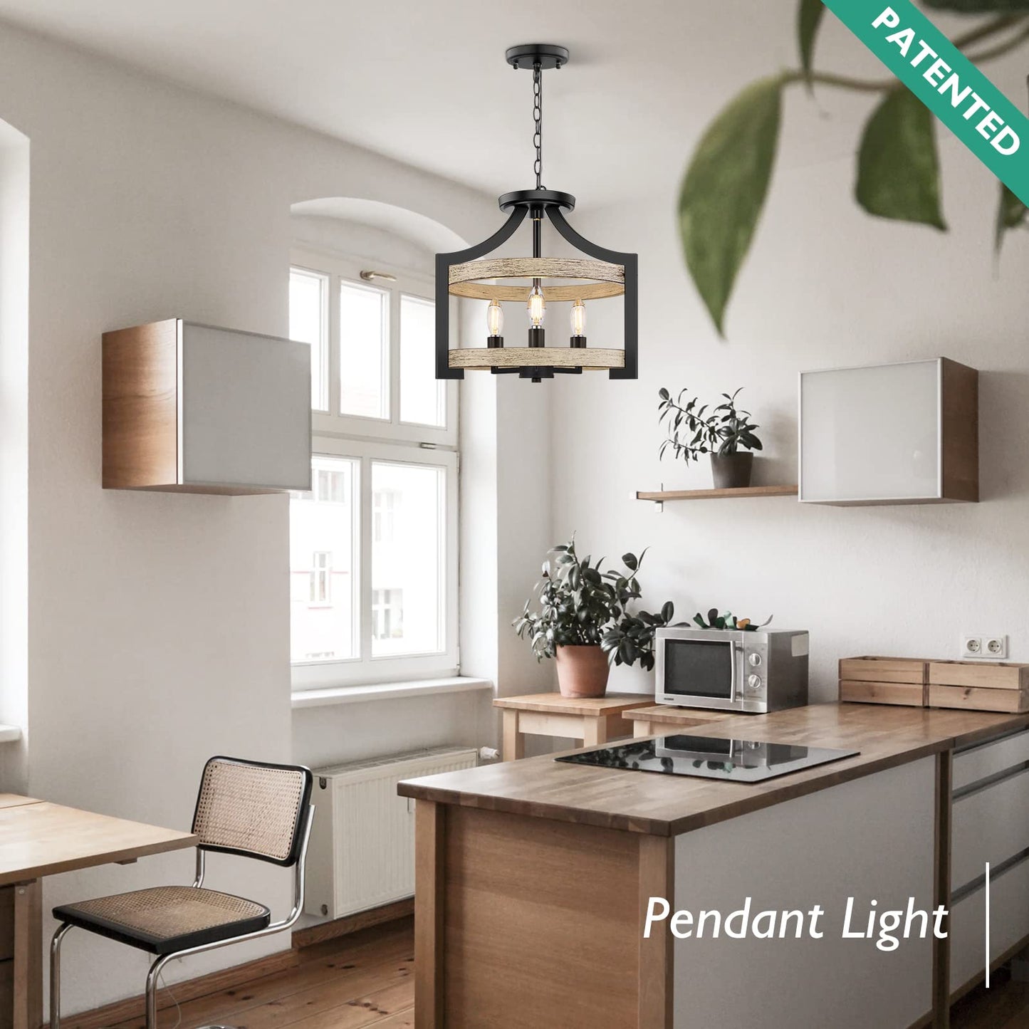 Beslowe 3-Light Rustic Farmhouse Pendant Light, Adjustable Height 68In, Black Metal Chandelier With White Birch Wood Finish