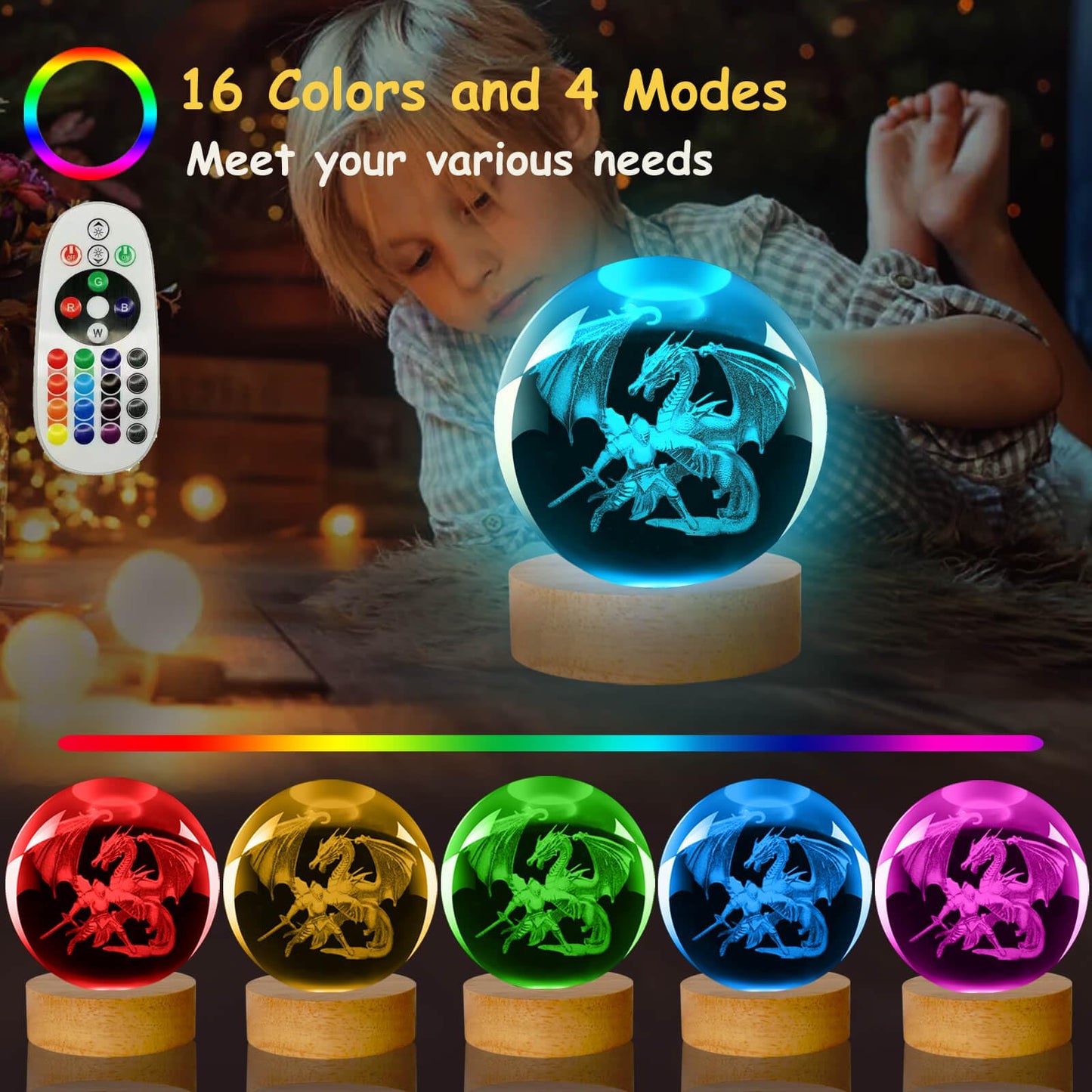 LINSINA Dragon Lamp - 16 Colors Crystal Ball Night Light with Wooden Base, Remote Control, Model: lamp-01, Color: Dragon and Knight