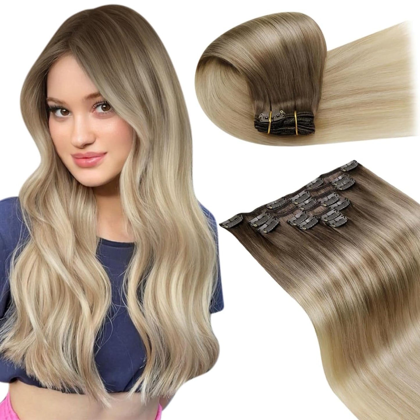 LaaVoo Hair Extensions Real Human Hair Clip ins Light Brown Ombre Ash Blonde Mix Platinum Blonde Balayage Clip in Extensions Rea