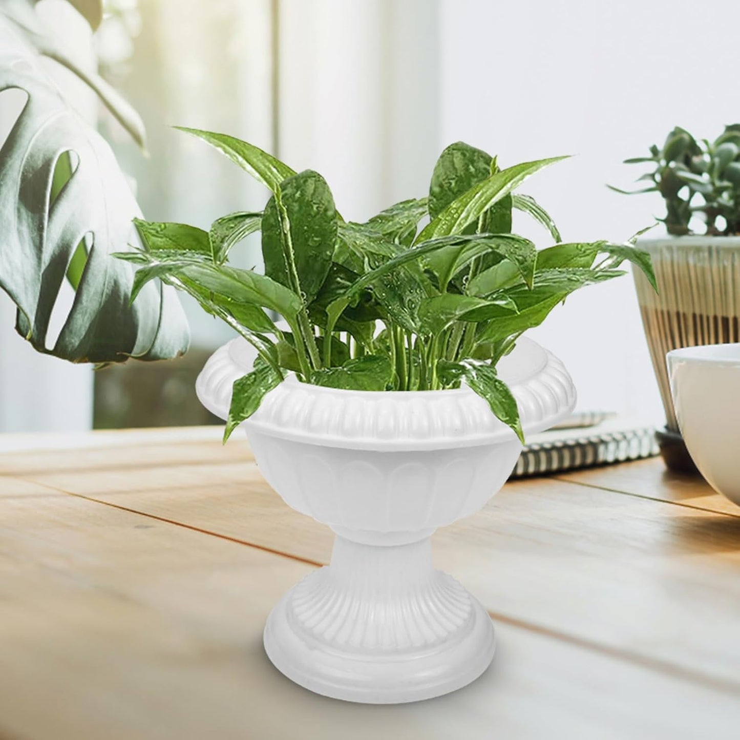 Yardwe 4pcs White Urn Planter Plastic Pedestal Flower Vases Plant Pot Grecian Plants Pot Roman Flower Pot for Yard Garden Porch Front Door