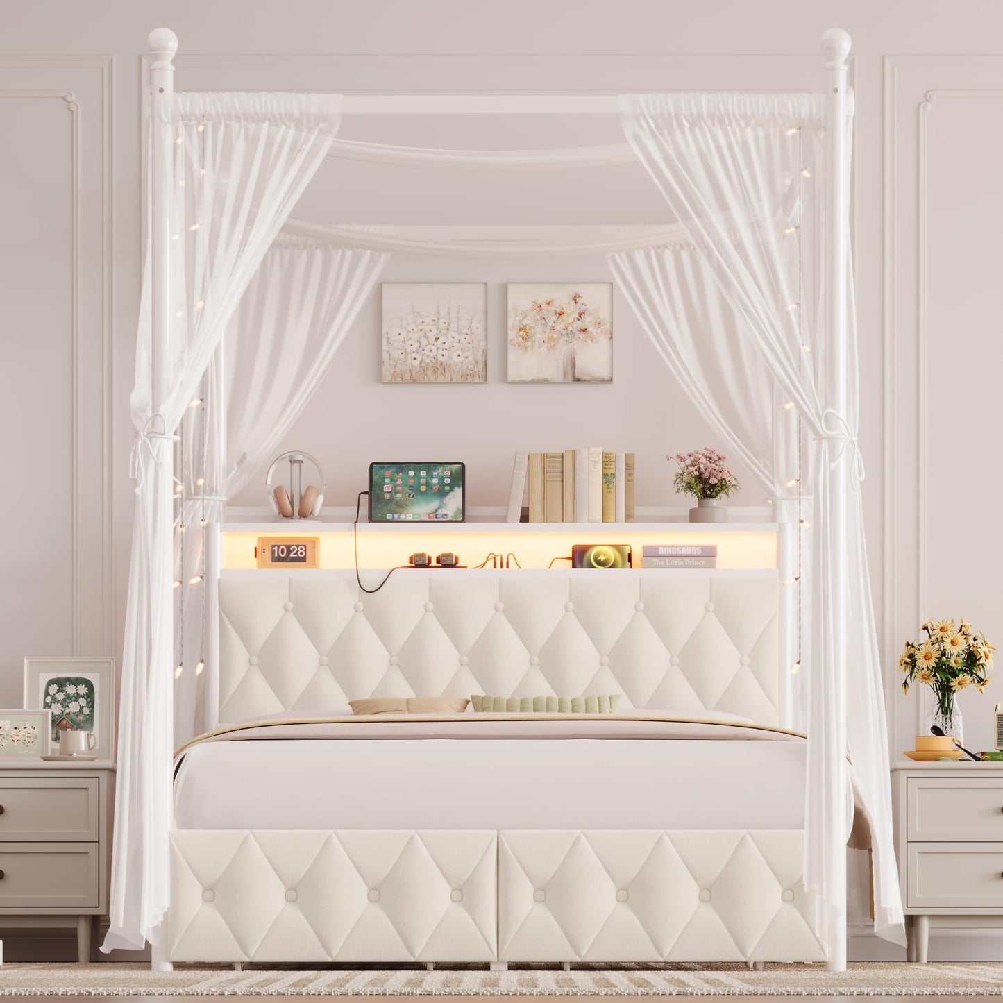HIFIT Queen Size Upholstered LED Canopy Bed Frame with Storage and Charging Station, Button Tufted Storage Headboard with Bookshelf, Two-Use Metal Platform Bed with 4 Removable Post & 2 Drawers, Biege