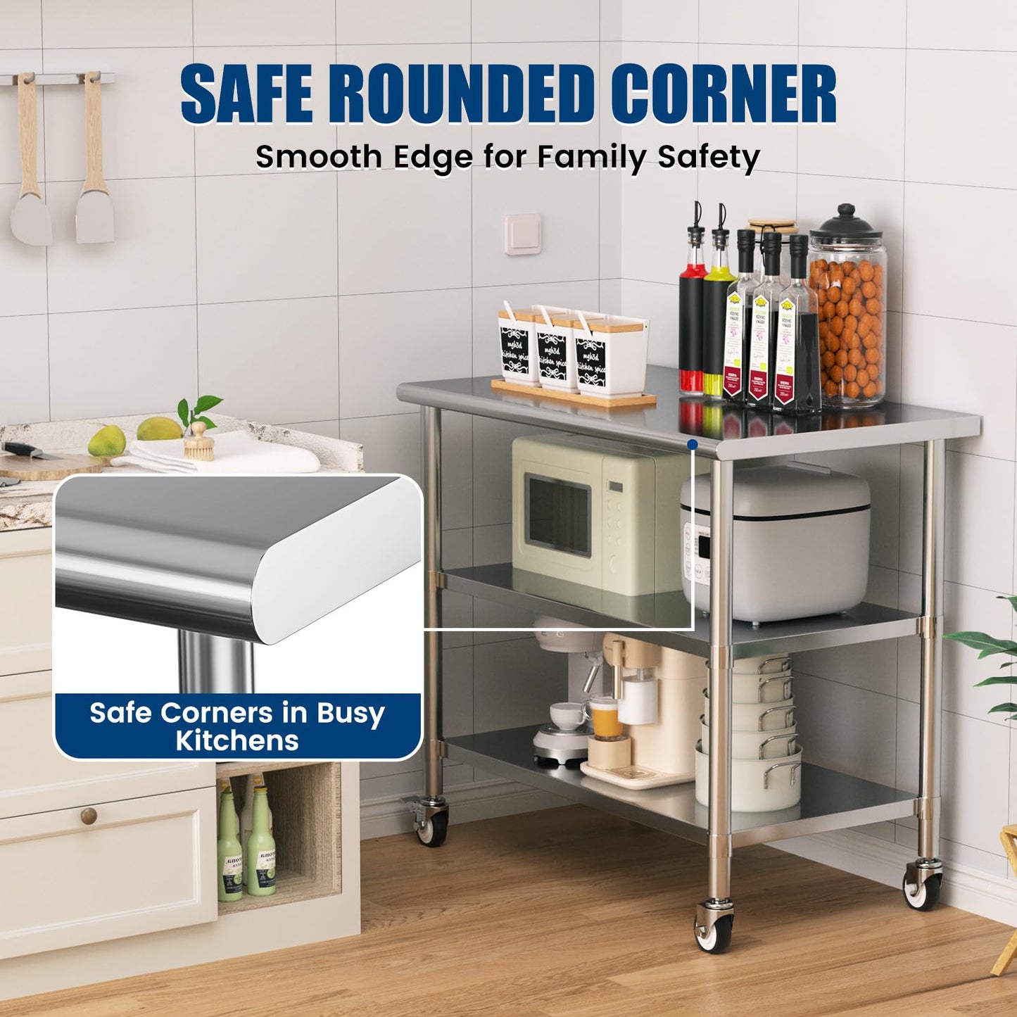 Chingoo Stainless Steel Work Table with Wheels, 24x48 Inch NSF Kitchen Prep Table with 2 Adjustable Undershelves for Commercial Restaurant, Garage, Outdoor BBQ