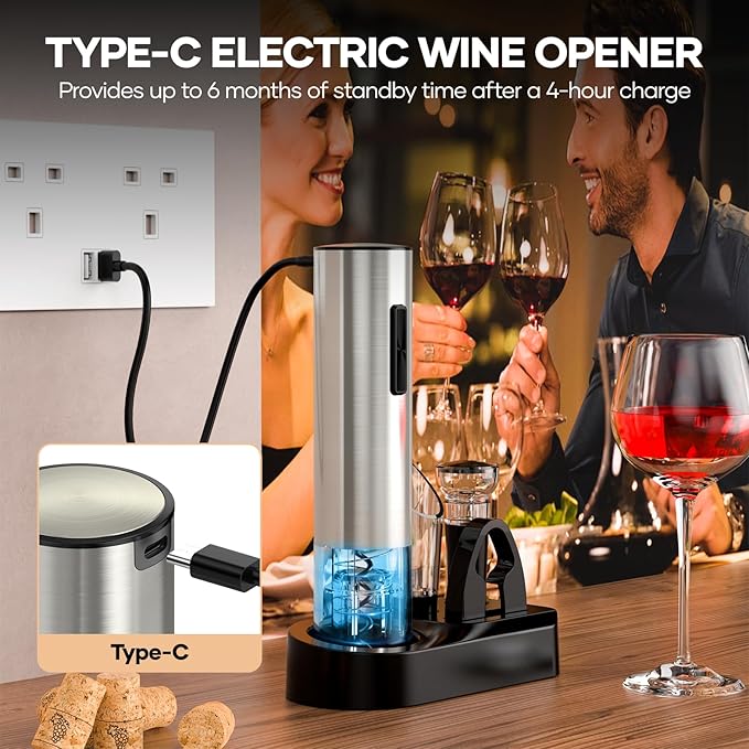 Crenova Wine Opener Electric, Rechargeable Wine Bottle Opener, Automatic Corkscrew with Vacuum Stopper, Aerator Pourer, Foil Cutter, Display Base, House Warming Gifts for New Home Wedding Birthday