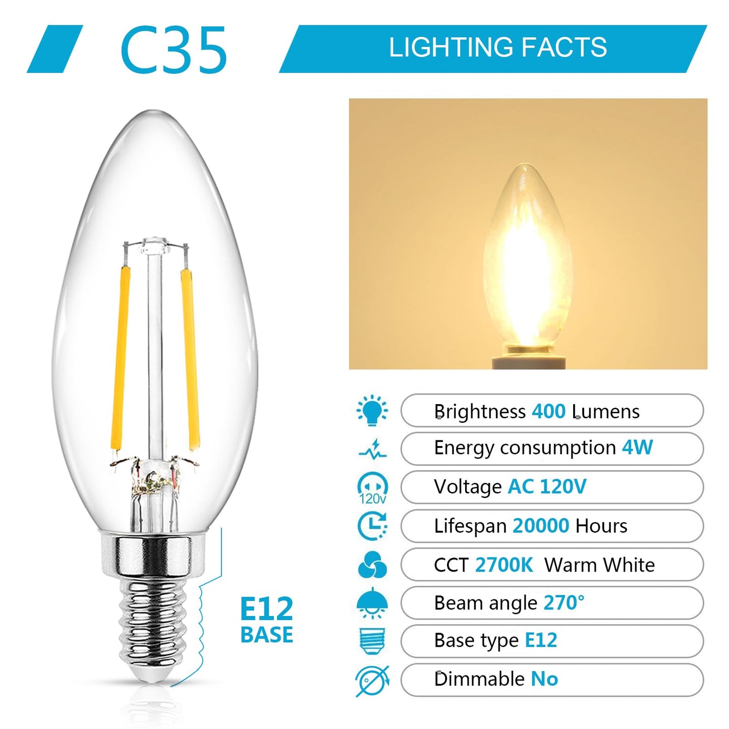 Ascher E12 Led Candelabra Bulb, 4W Equivalent 40W, Warm White 2700K, Clear Glass, Pack Of 5