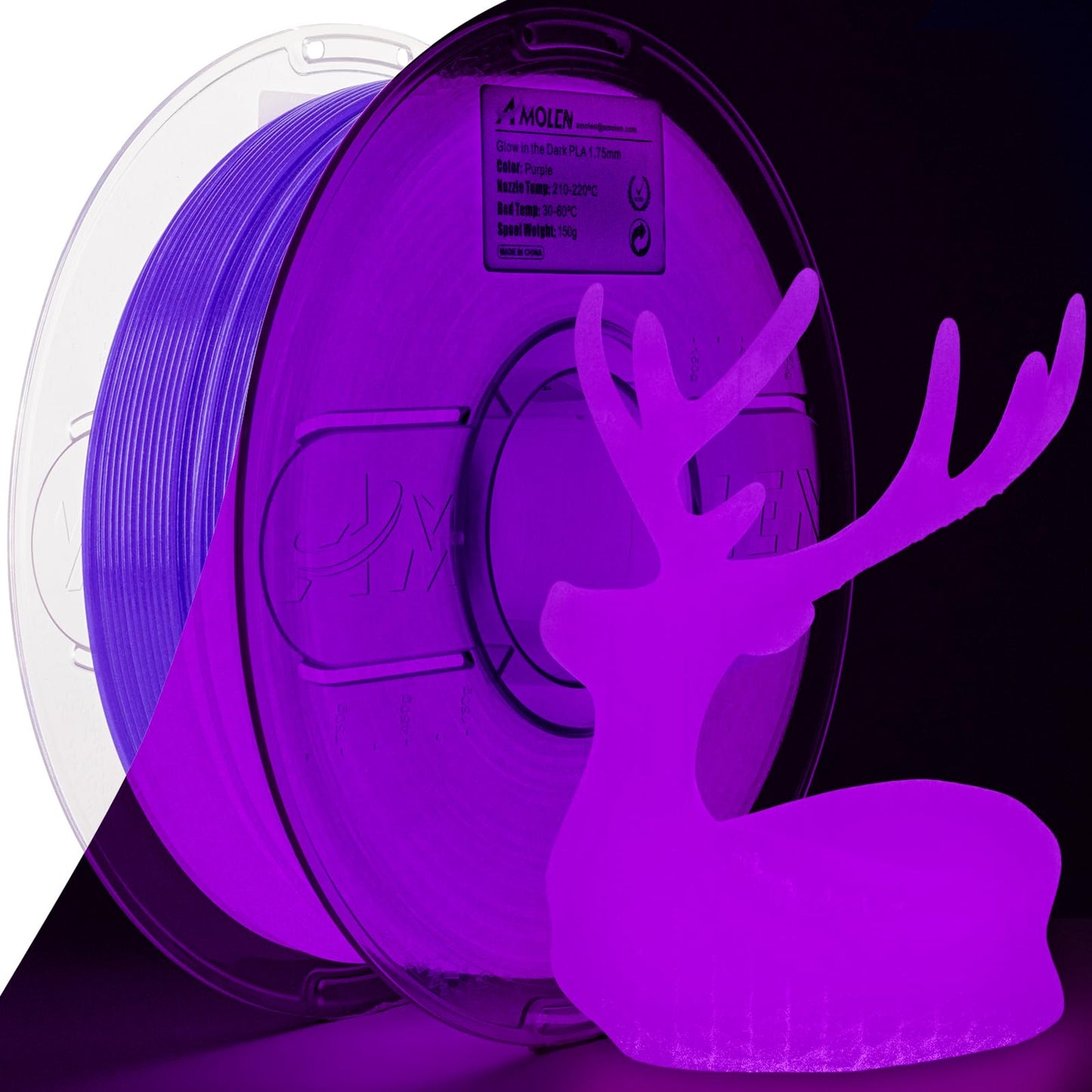 AMOLEN 3D PLA Printer Filament, 1.75mm Glow in The Dark Purple PLA Filament for 3D Printing, Best with UV Lamps, 1kg Spool (2.2l