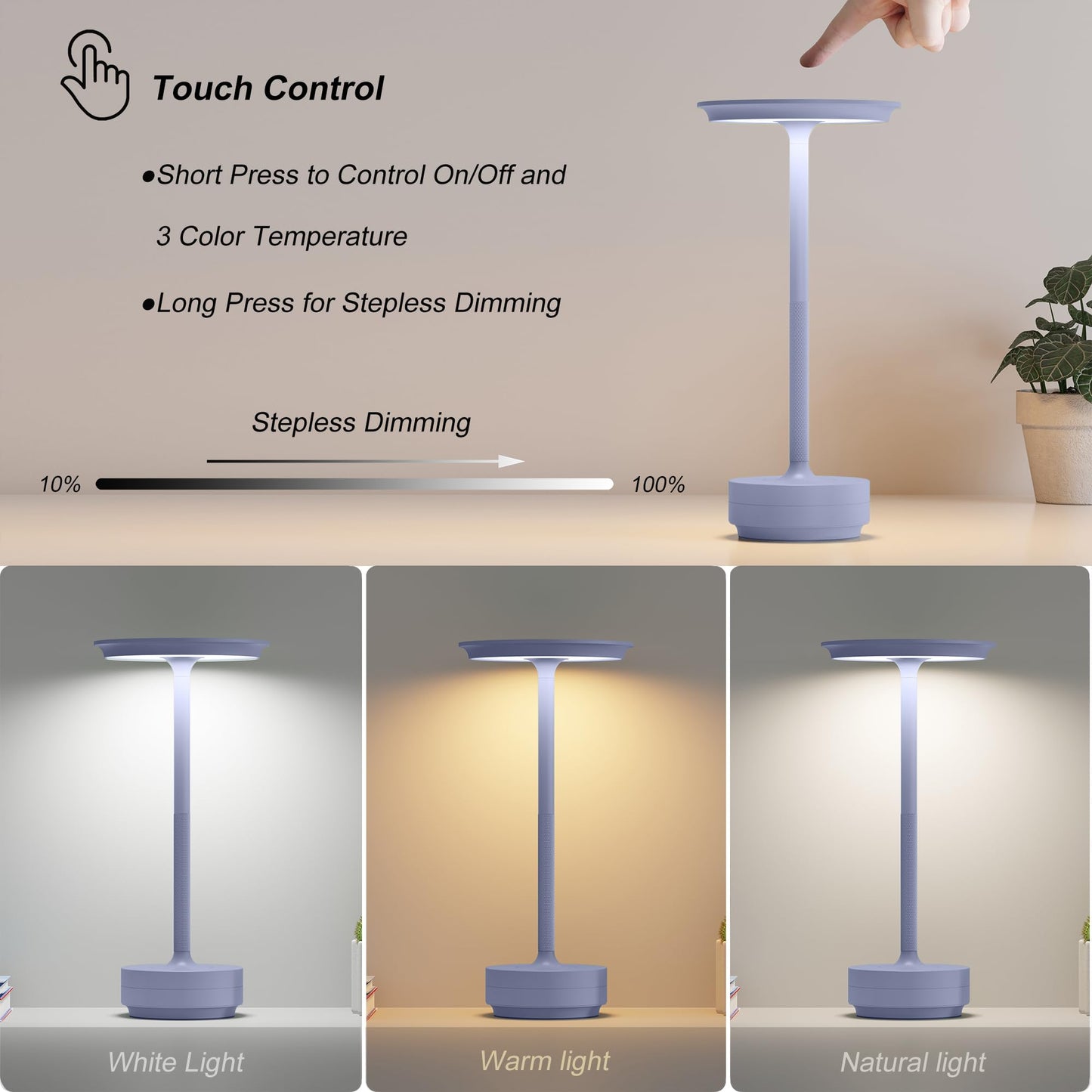 TBBGA Rechargeable Cordless Table Lamps, 5000mAh, 3 Color Dimming, Aluminum, Light Purple, Model T106C, 2 Pack