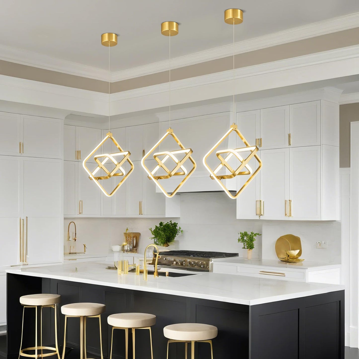 Bnhhlz Modern Led Pendant Light Gold Pendant Lights 4000K 35W Dimmable Height Adjustable Pendant Lighting Rectangle Chandelier For Kitchen Island Dining Room Bedroom Living Room Foyer(3-Ring)