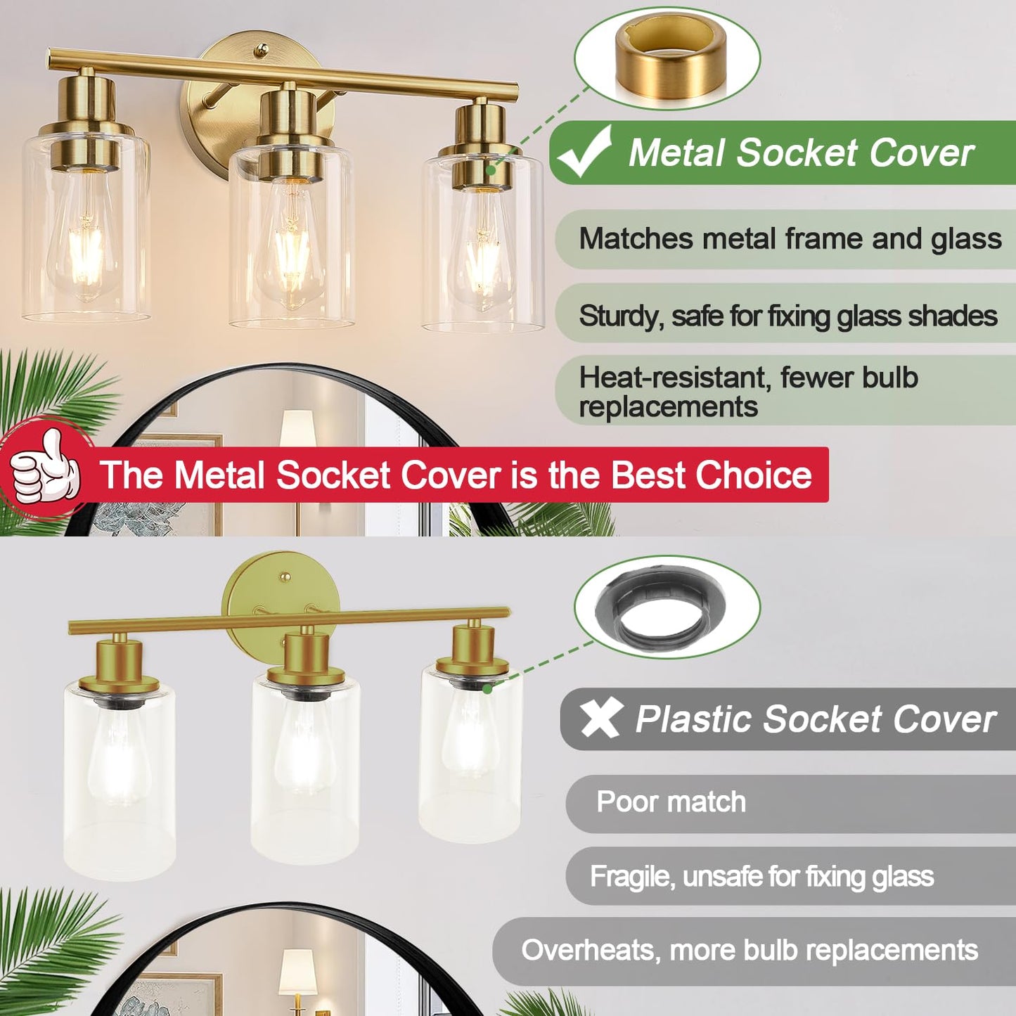 Zarbitta 3-Light Bathroom Vanity Light Fixtures, Brushed Gold Metal with Clear Glass Shade