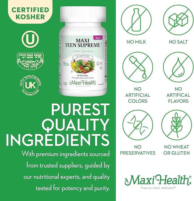 Maxi Health Teen Multivitamin for Girls 12-17 years, Natural Vitamins and Minerals Enhances Development and Immune Health, Best Kosher Supplement for Teenagers, 60 Count