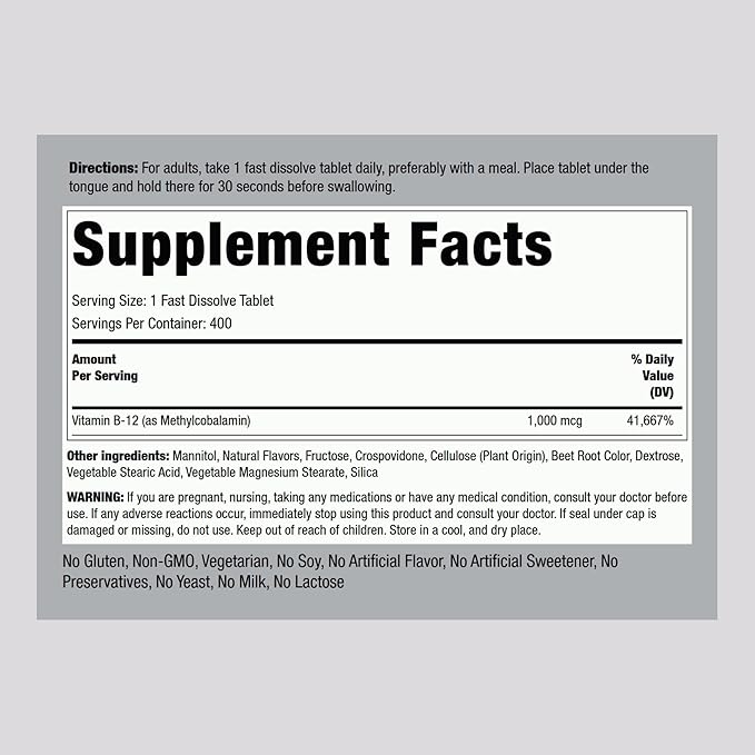 Piping Rock Vitamin B12 Sublingual Tablets | 1000 mcg | 400 Pills | Methylcobalamin Supplement for Women and Men | Berry Flavor | Vegetarian, Non-GMO, Gluten Free
