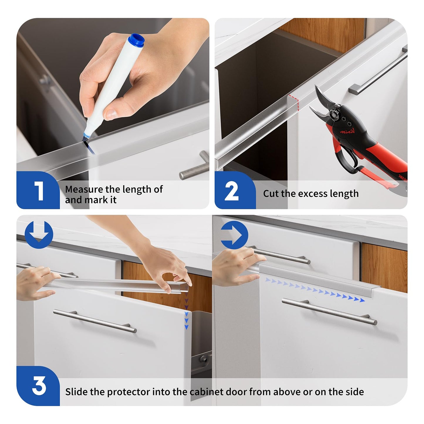 Cabinet Protector Edge Guard (Pack of 6), 24" Clear PVC Cabinet Edge Protectors for 3/4" Thick Kitchen Cabinets Doors – Slip-On No-Tool Sliding Installation