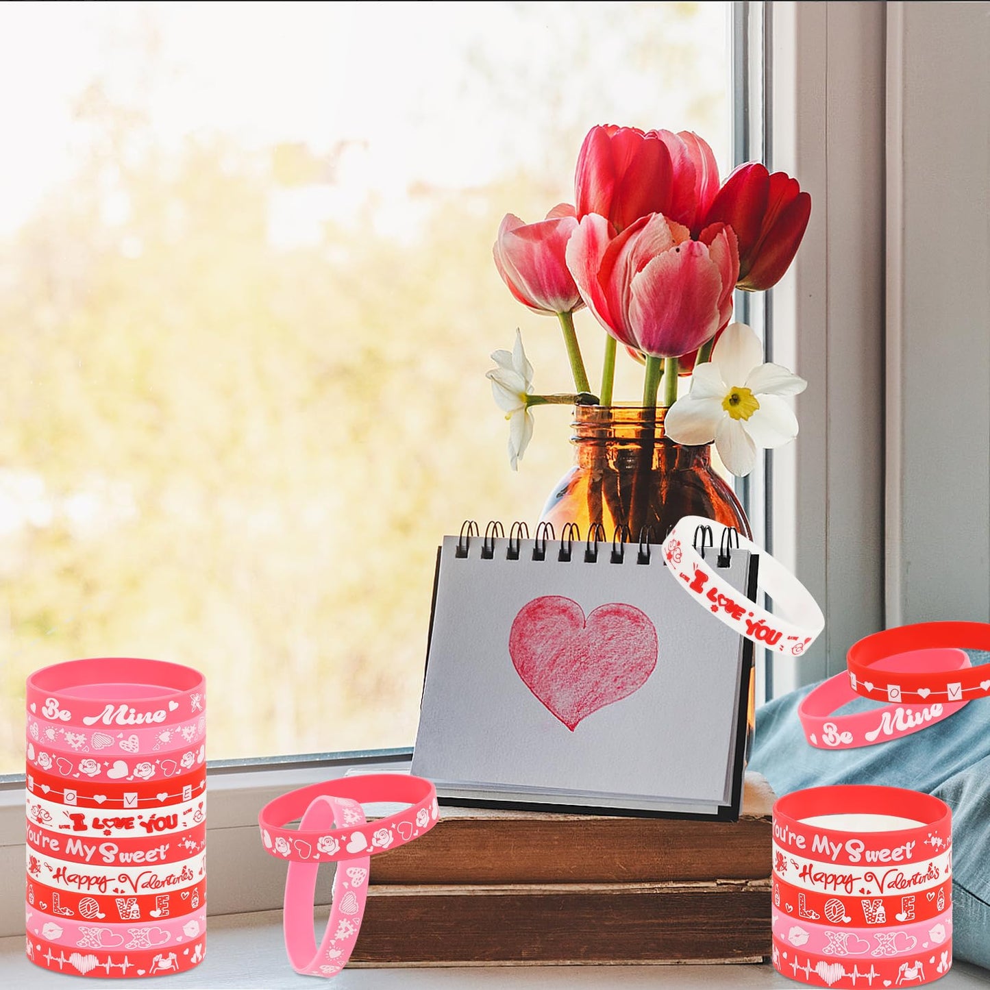 CCINEE 40Pcs Happy Valentines Day Rubber Bracelet Bulk Colorful Valentine's Day Silicone Wristbands Pink Red Love Heart Rubber B